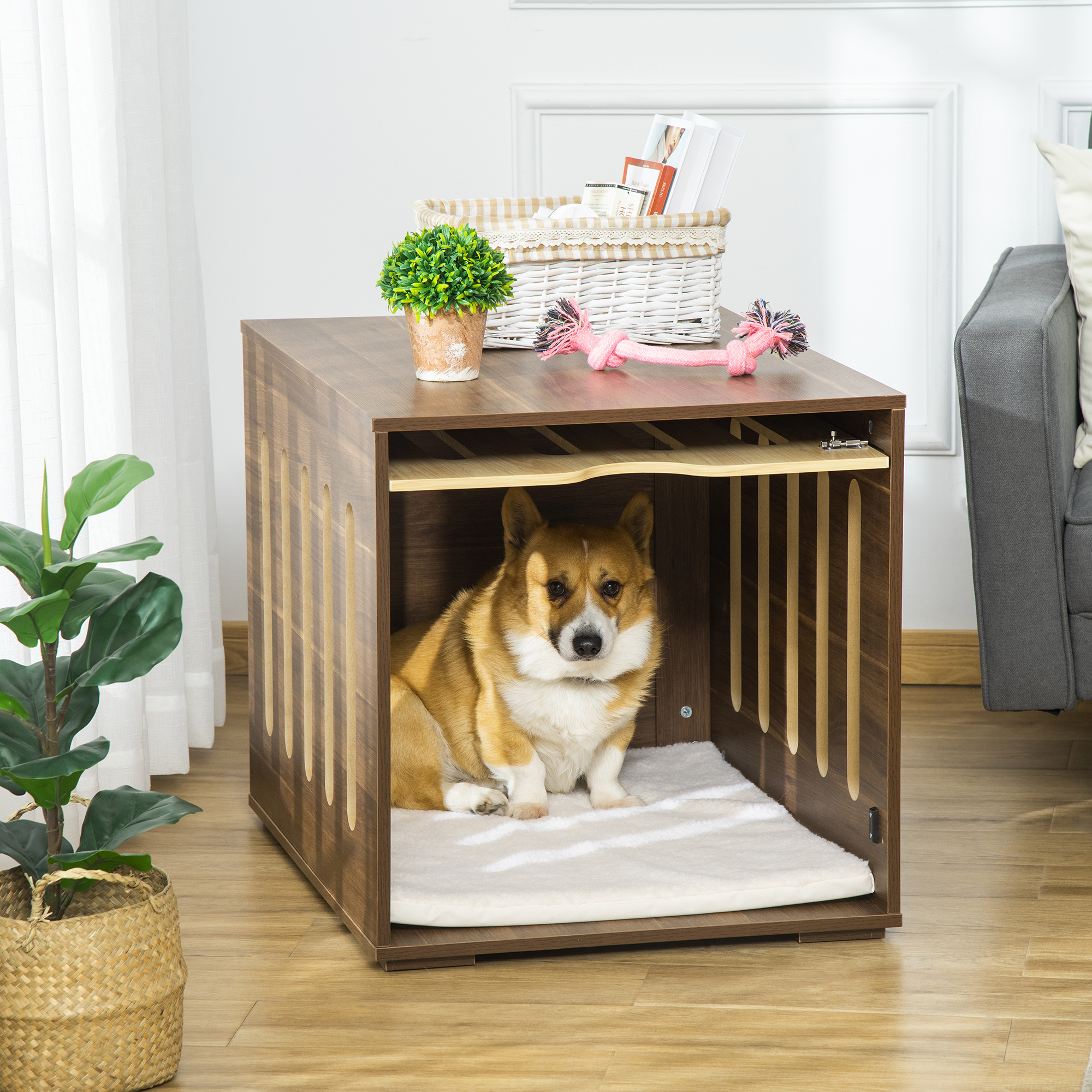 Furniture Style Dog Crate Bed – End Table with Removable Panel & Cushion