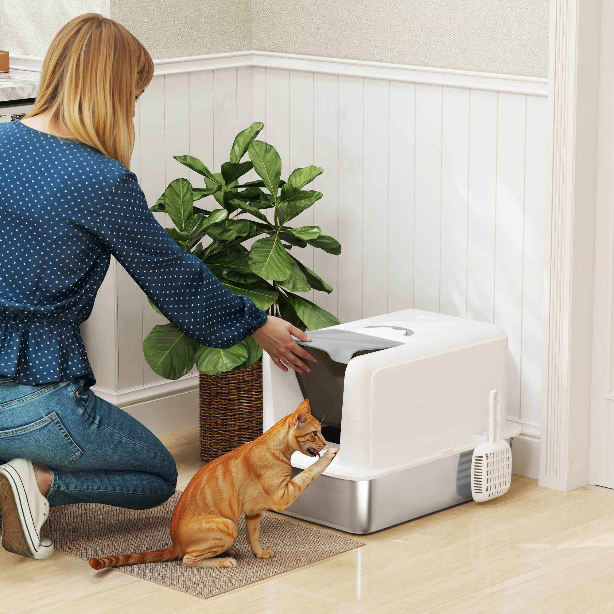 2 in 1 Stainless Steel Cat Litter Box with Removable Lid, Scoop, Filter Bags, for Small to Large Cats, White